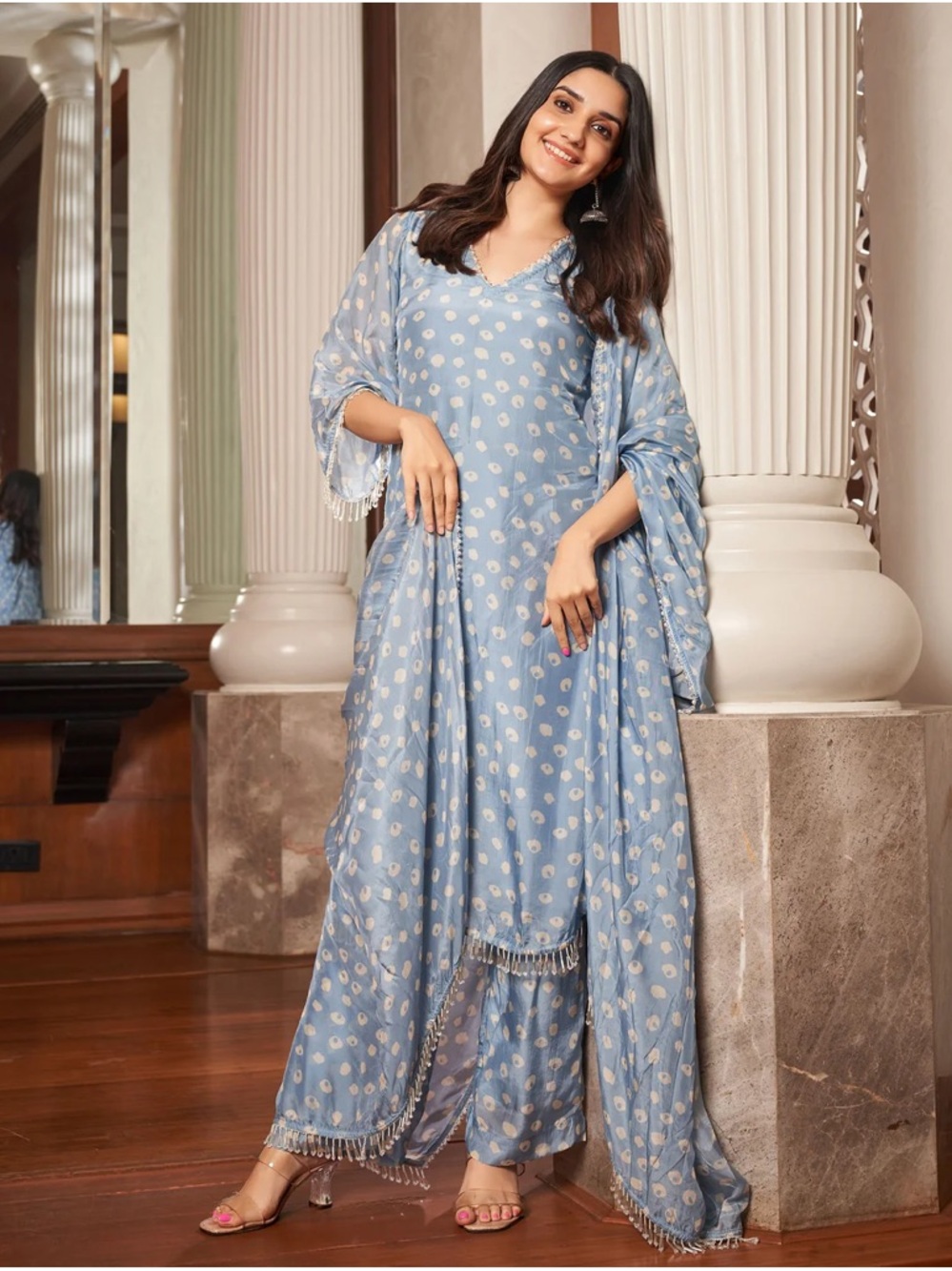 Light Blue Printed Kurta Set with Tassel Trim